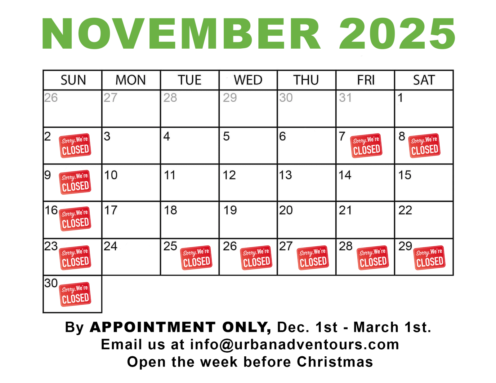 November 2025 calendar with 'Closed' on Sundays and specific dates.