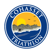 Logo with sunset, cyclist, birds, 'Cohasset Triathlon' text.