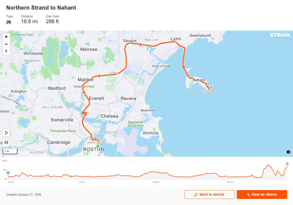 Map showing Northern Strand to Nahant route on Strava, 18.8 miles, elevation gain 288 ft.